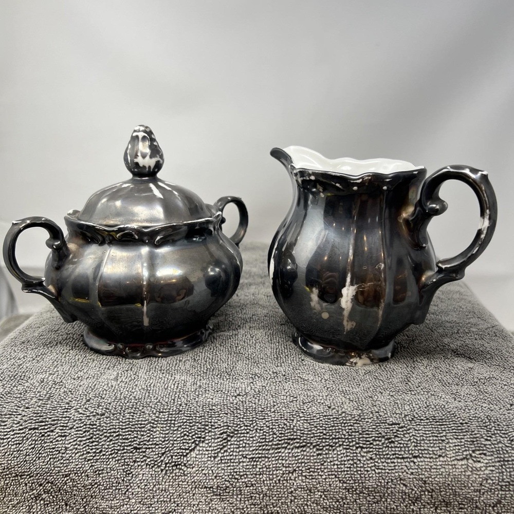 Vtg Parbus Bavaria Silver Overlay Porcelain Lidded Sugar Bowl & Creamer Set